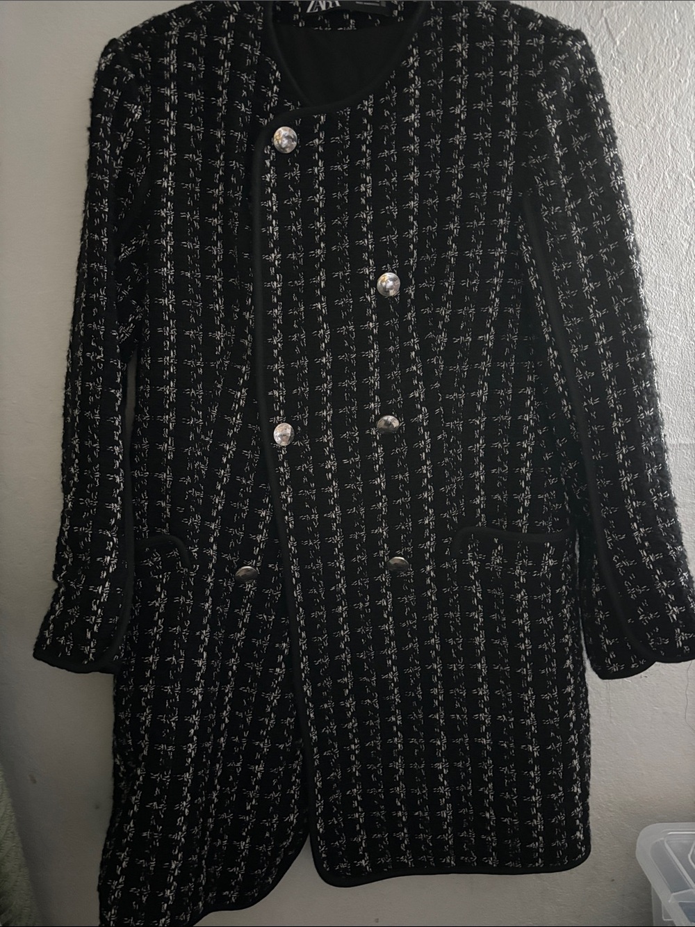 Zara Black & White Tweed Double-Breasted Blazer Coat